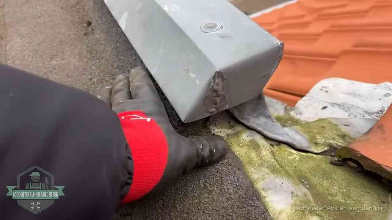 Hemelwaterafvoer en dakgoot controleren in Alphen aan den Rijn Controle van een zinken hemelwaterafvoer met loodslab bij dakpannen in Alphen aan den Rijn